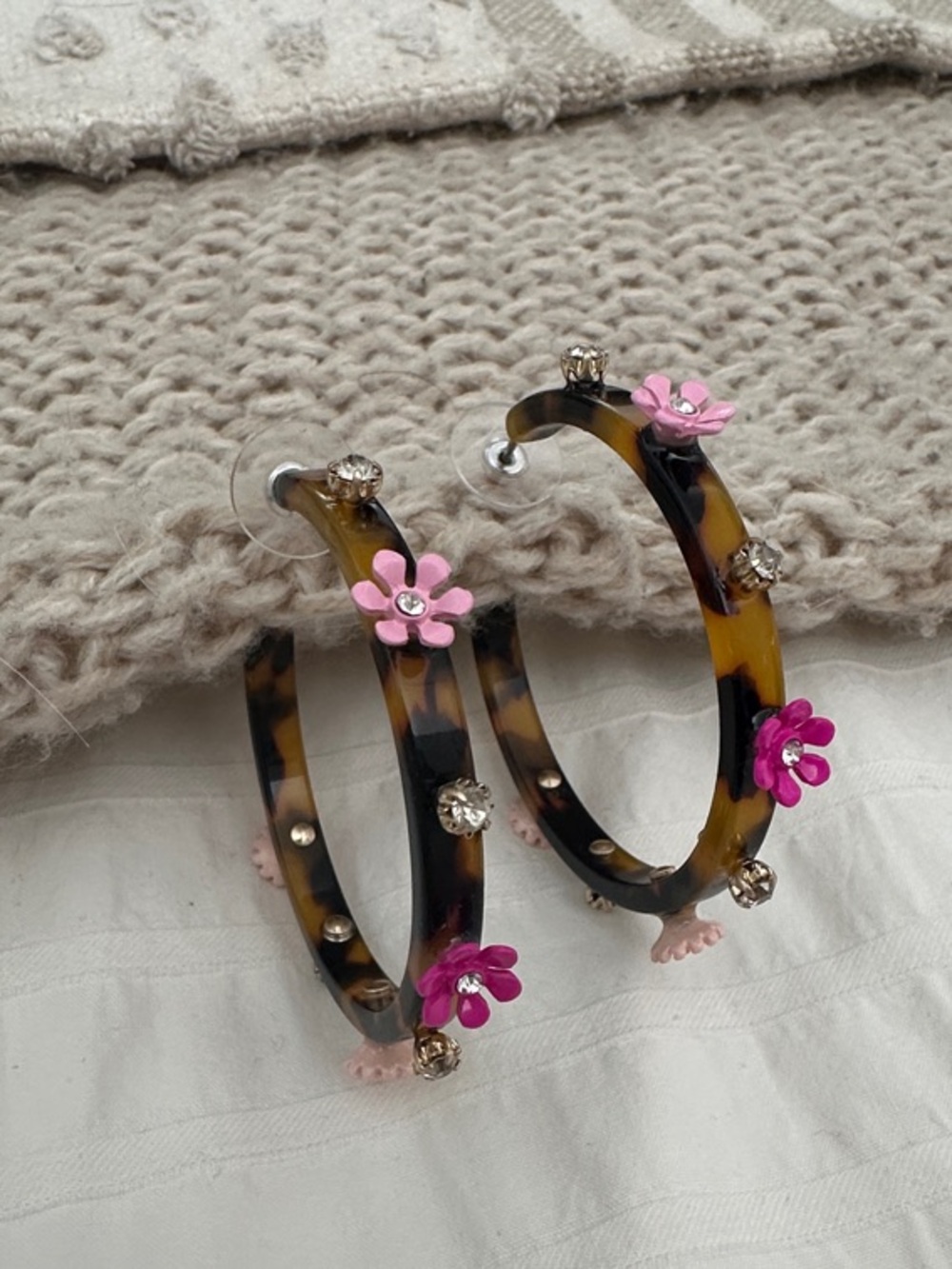 Tortoiseshell Hoop Earrings with Pink Floral Accents